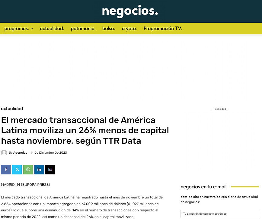 El mercado transaccional de Amrica Latina moviliza un 26% menos de capital hasta noviembre, segn TTR Data